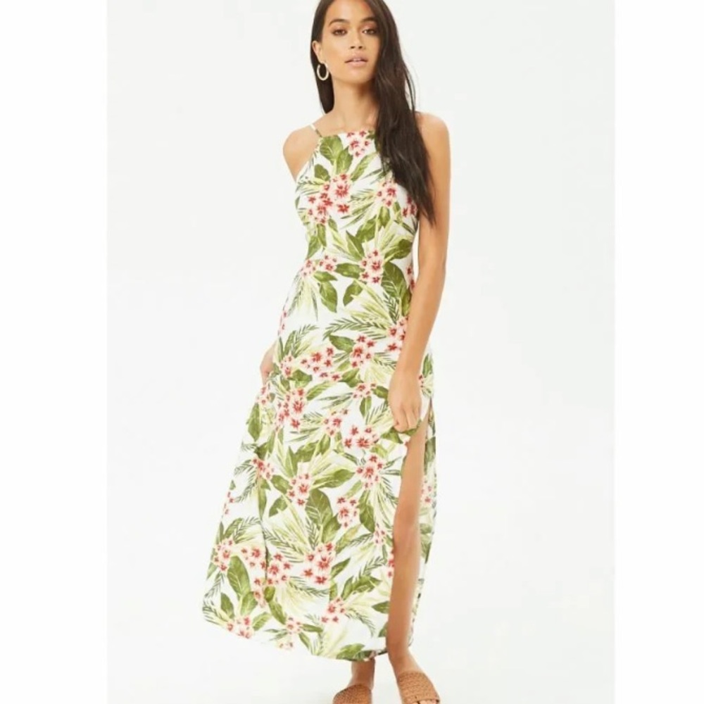 Forever 21 Floral Cami Maxi Dress with Slits, Size Small, White Green